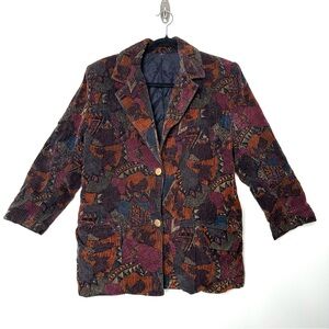 Eclectic Boho Wide Wale Corduroy Blazer Artistic Graphic Print Funky Box Vampire